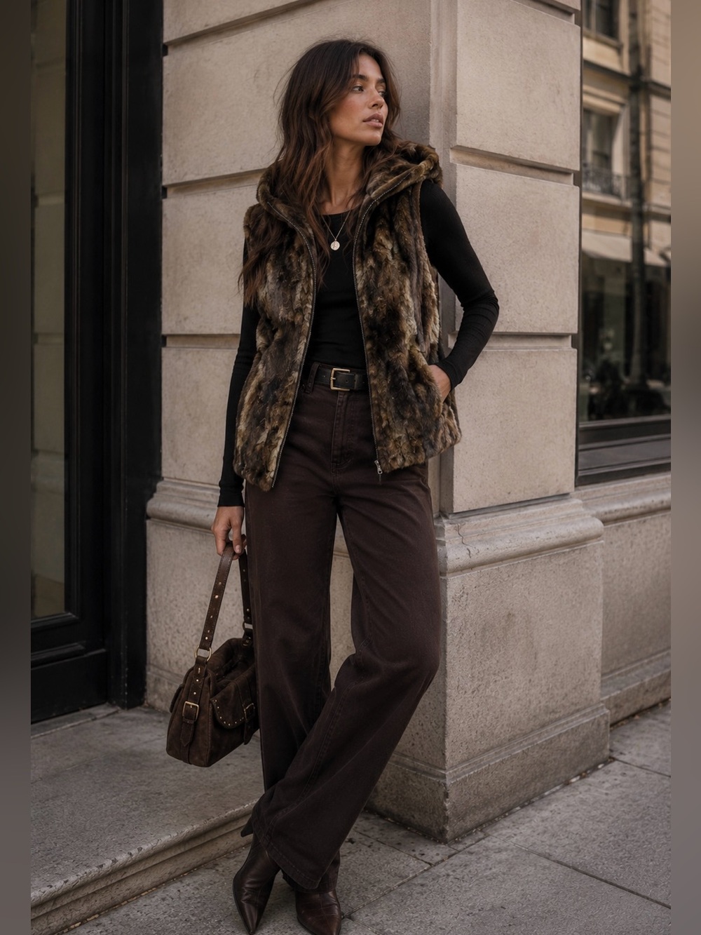 Erin London Women's Brown Faux Fur Hooded Zippered Vest with Pockets Size Large